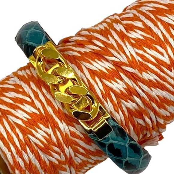 Vita Vintage 1980s Bangle Bracelet Aqua Blue Snake 24K Gold Plated Details New